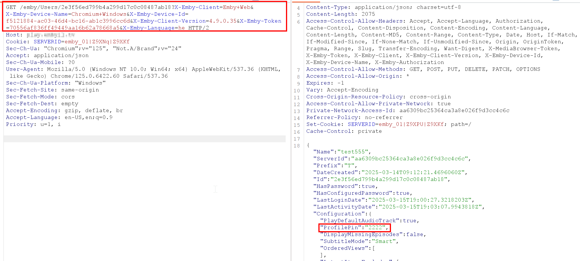 IDOR response exposing user Pin code in clear text