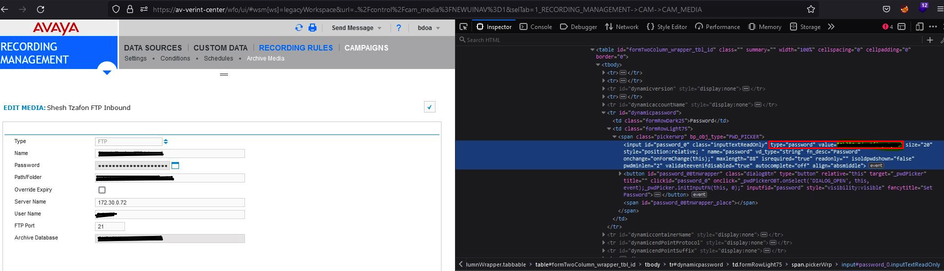 Credentials visible in developer tools while redacted in UI
