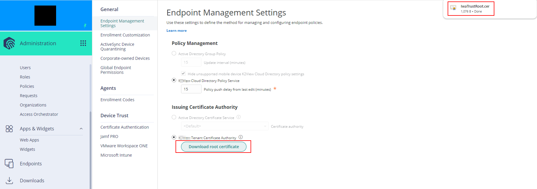 Endpoint Management Settings accessible to escalated user