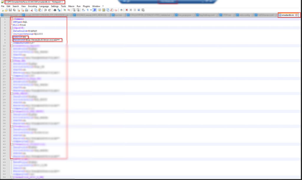 Configuration file revealing encrypted database credentials with SA privileges