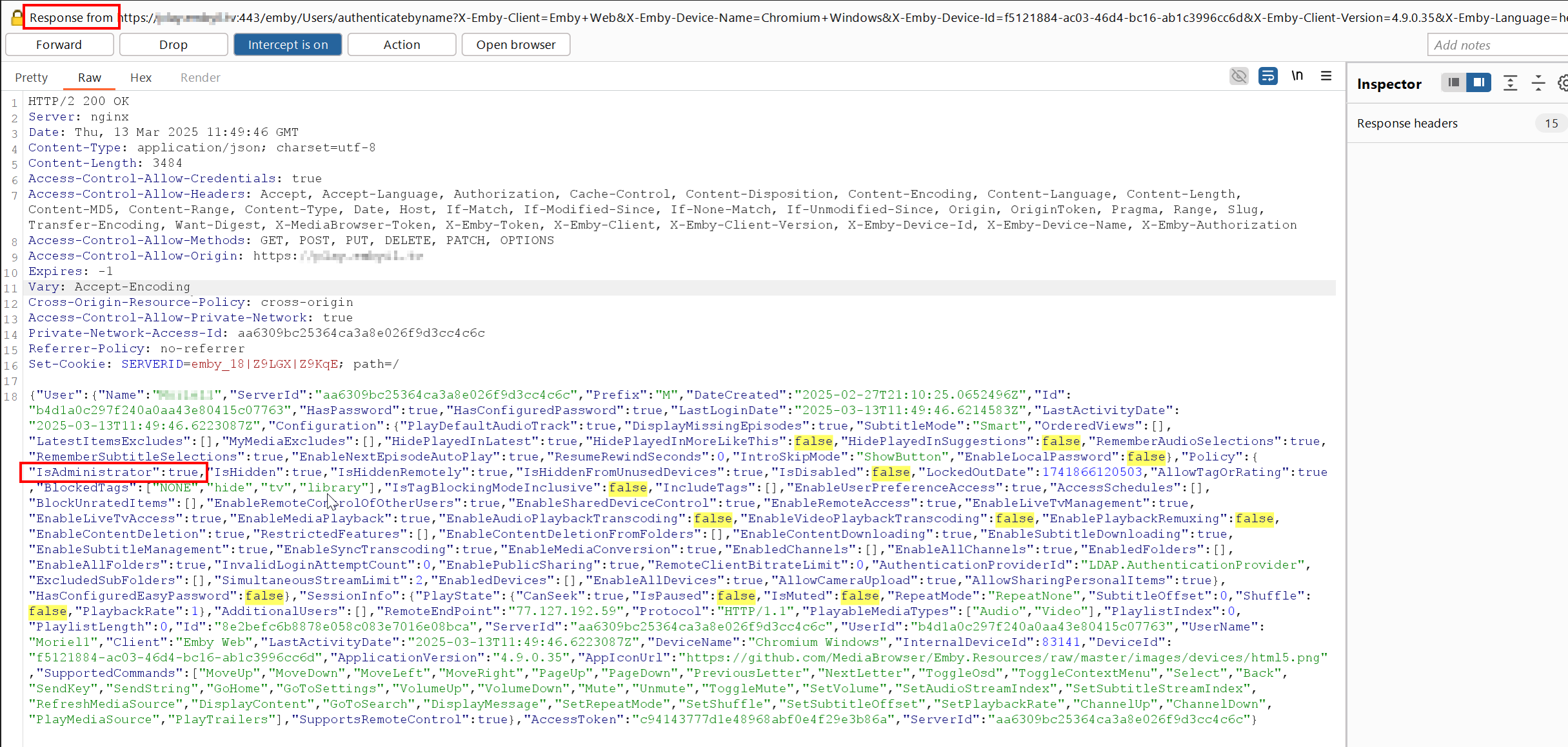 Intercepting login response and changing IsAdministrator to true